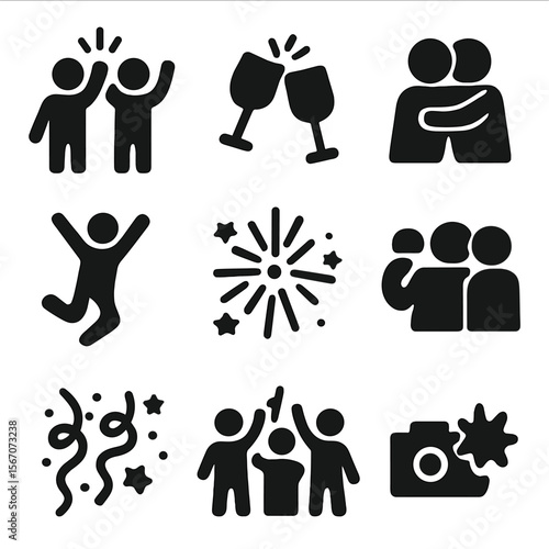 Festive Celebration Icons. Solid, filled icon set of festive celebration moments: high five, clinking glasses, hug icon, joyful