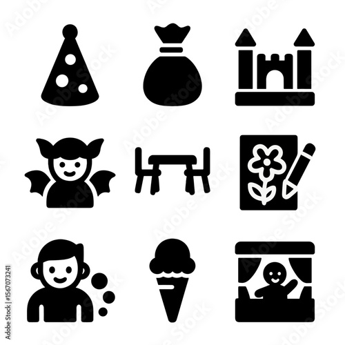 Children's Party Icons. Solid, filled icons set of children’s party planning: clown hat, candy bag, bounce