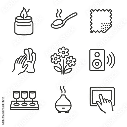 Sensory Exploration Icons. Outline icon set of sensory exploration experiences: scented candle jar, tasting spoon with sample,