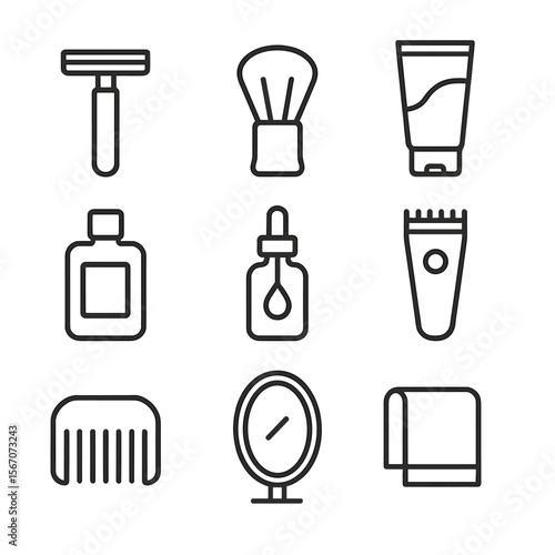 Shaving Icon Set. Outline icon set of shaving and beard care: safety razor, shaving brush, shaving cream tube, aftershave bottle,