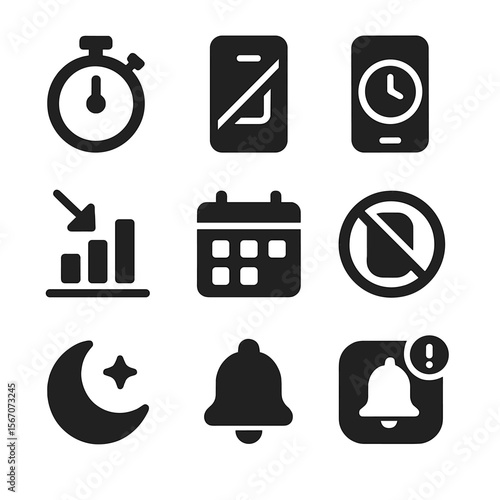 Screen Time Icons. Solid, filled icons set of screen time reduction strategies: timer icon, app blocker, daily