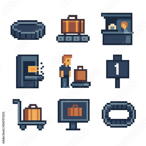 Baggage Reclaim Icons. Pixel art icon set of baggage reclaim: carousel belt, suitcase, lost luggage counter, tag scanner,