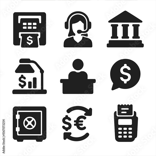 Bank Service Icons. Solid, Filled icon set of bank services: ATM machine, customer service agent headset, branch building,