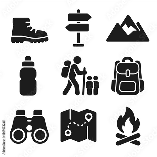 Hiking Trip Essentials. Solid, filled icons set of educational hiking trips: walking boots, trail sign,