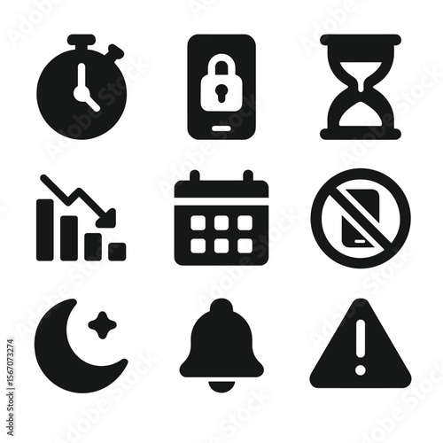 Screen Time Icons. Solid, filled icons set of screen time reduction strategies: timer icon, app blocker, daily