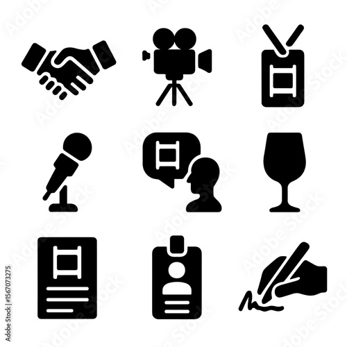 Film Festival Icons. Solid, filled icon set of film festival culture: networking handshake, indie film camera, festival badge, Q&A