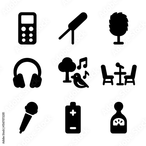 Field Recording Icons. Solid, filled icon set of field recording: portable recorder, boom mic, windscreen, headphones, nature