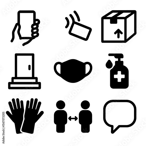 Contactless Delivery Icons. Solid, filled icon set of contactless delivery: hand with phone, contactless payment, delivery box,