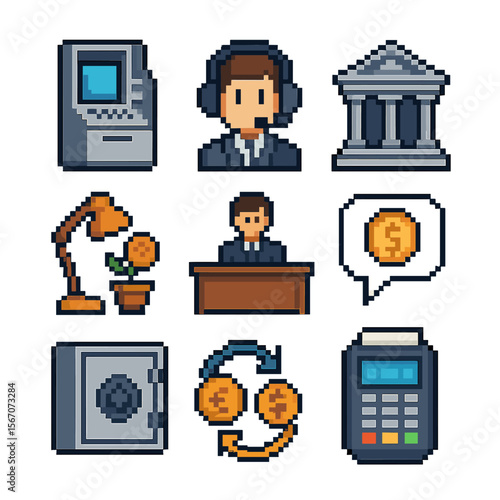 Banking Icons Set. Pixel art icon set of bank services: ATM machine, customer service agent headset, branch building, investment