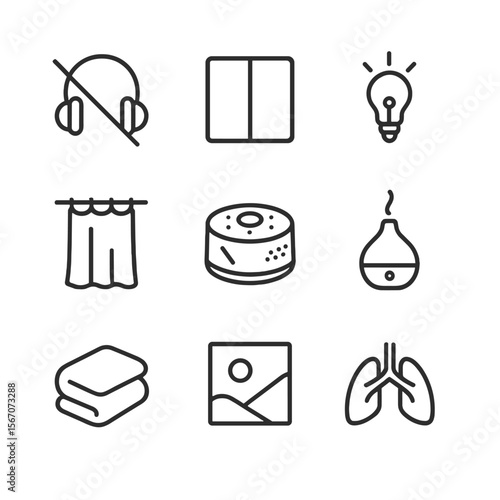 Sensory Declutter Icon Set. Outline icon set of sensory decluttering environment: noise-cancelling headphones crossed out, neutral