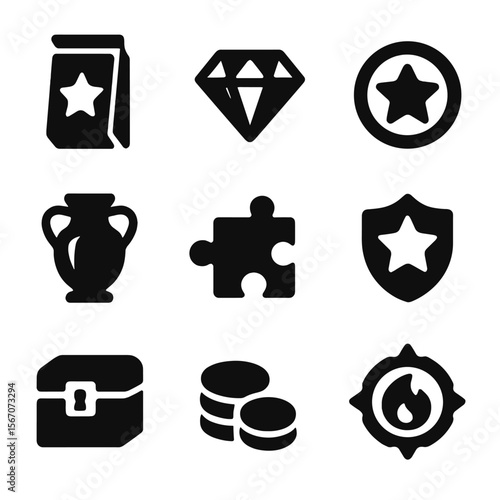Icon Set_ Collectible Rewards. Solid, filled icon set of collectible rewards: card pack, rare gem, collectible coin, artifact,