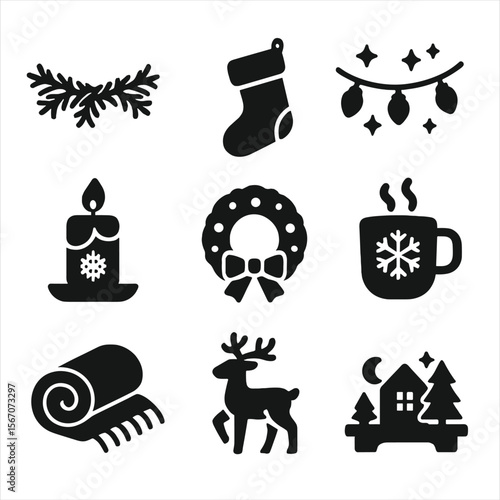 Holiday Mantel Icons. Solid, filled icons set of holiday mantel decorations: pine garland, holiday stocking,