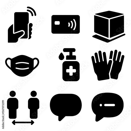 Contactless Delivery Icons. Solid, filled icon set of contactless delivery: hand with phone, contactless payment, delivery box,