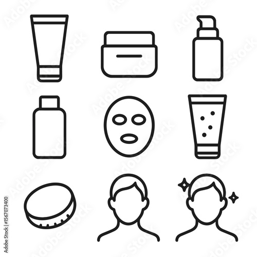 Skincare Icon Set. Outline icon set of skincare prep to showcase before and after glow: cleanser tube, moisturizer jar, primer