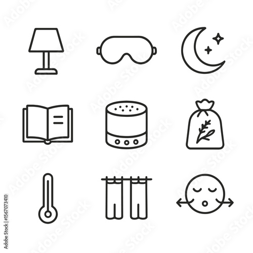 Sleep Hygiene Icons. Outline icon set of sleep hygiene practices: night lamp, sleep mask, moon with stars, bedtime book, sound