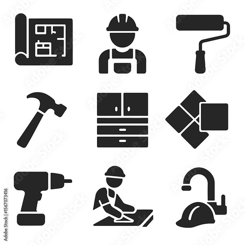 Home Renovation Icons. Solid, filled icons set of home renovation specialists remodeling kitchens: blueprint,