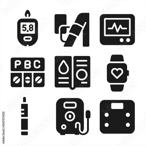 Chronic Disease Monitoring Icons. Solid, filled icons set of chronic disease monitoring: glucose meter, blood