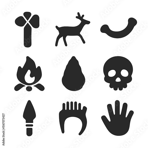 Prehistoric Archaeology Icons. Solid, filled icon set of prehistoric archaeology: stone axe, cave painting, mammoth bone, fire pit