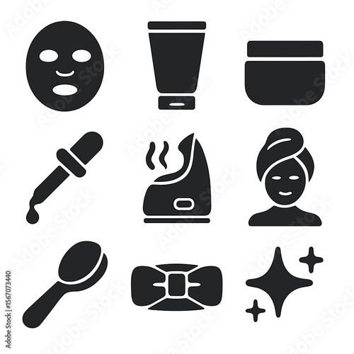 Skincare Icon Set. Solid, filled icons set of skincare treatments: facial mask, cleanser tube, moisturizer jar