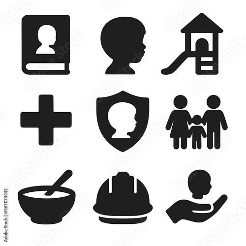 Children's Rights Icons. Solid, filled icons set of children's rights: school book, child silhouette,