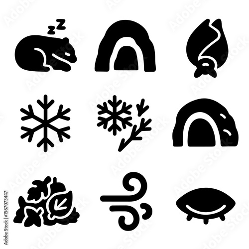 Hibernation Icons Set. Solid, filled icons set of hibernation and dormancy: sleeping bear, cave entrance,