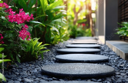 A beautiful landscape design is evident in the backyard garden, which includes a stone path, green grass, trees, and blooming flowers, all perfectly illuminated by the warm sunlight surrounding the