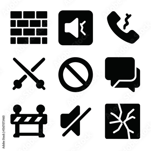 Communication Barrier Icons. Solid, filled icon set of communication barriers: brick wall, soundproof room, broken telephone,