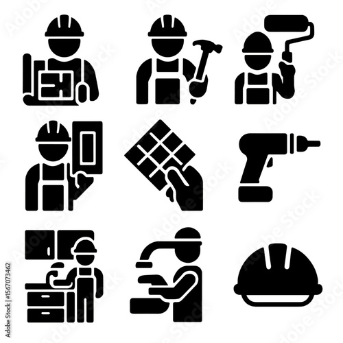Home Renovation Icons. Solid, filled icons set of home renovation specialists remodeling kitchens: blueprint,