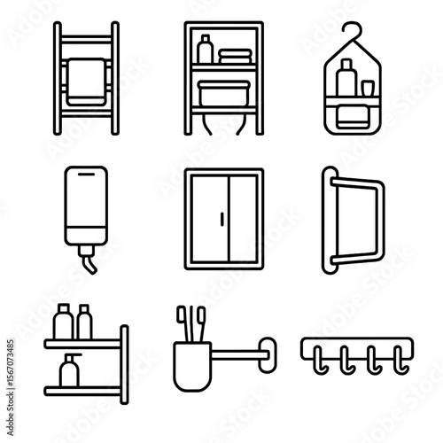 Bathroom Storage Icons. Outline icon set of bathroom vertical storage: towel ladder rack, over-the-toilet shelf, hanging toiletry