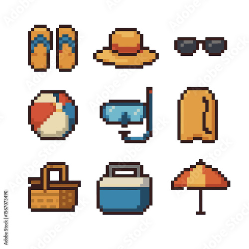 Beach Accessory Icons. Pixel art icon set of beach leisure accessories: flip-flops, sunhat, sunglasses, beach ball, snorkel mask,