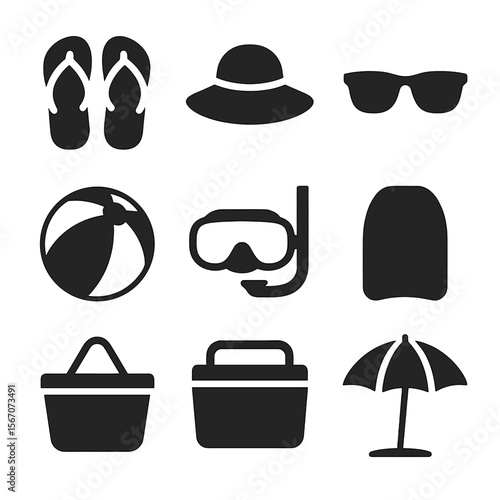Beach Accessories Icons. Solid, Filled icon set of beach leisure accessories: flip-flops, sunhat, sunglasses, beach ball, snorkel