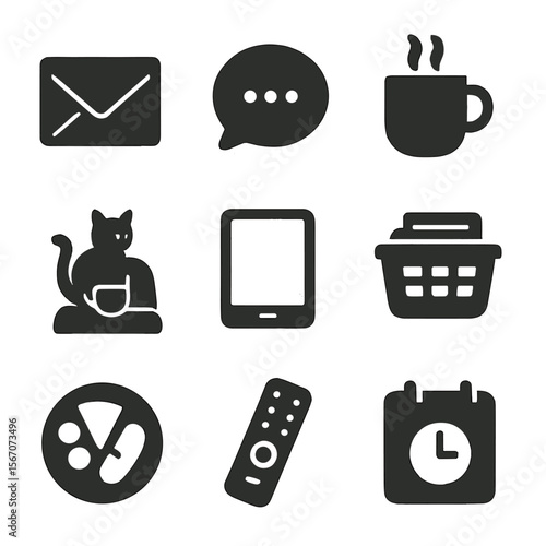 Home Tasks Icons. Solid, filled icons set of multitasking at home: email icon, messaging app, coffee cup, cat