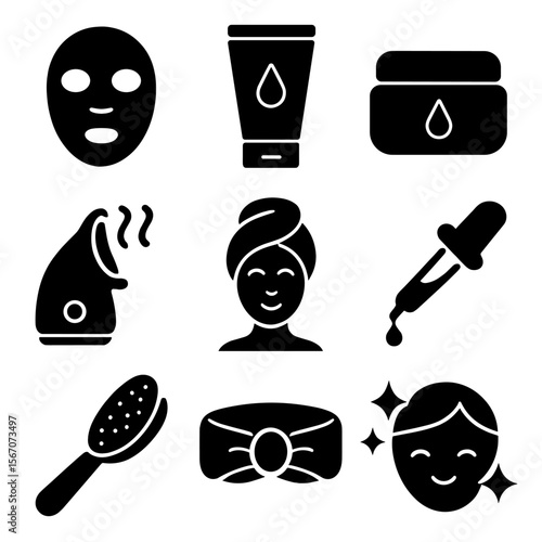 Skincare Icon Set. Solid, filled icons set of skincare treatments: facial mask, cleanser tube, moisturizer jar