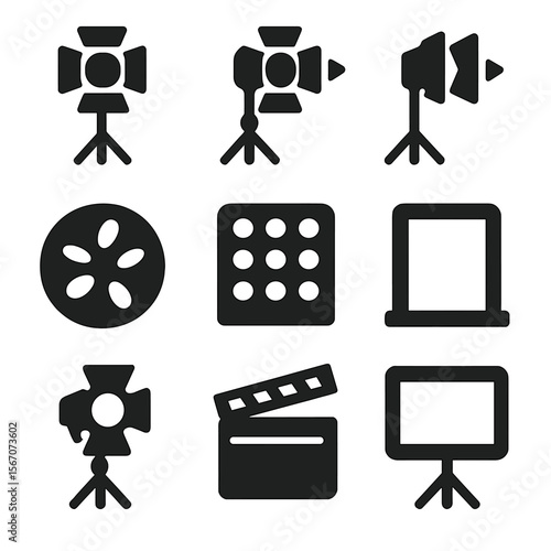 Cinematic Lighting Icons. Solid, filled icons set of cinematic lighting styles: key light, fill light,