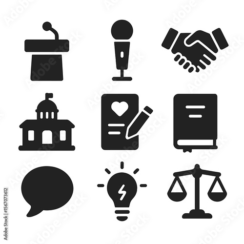 Civic Leadership Icons. Solid, filled icons set of civic leadership and advocacy: podium, microphone,