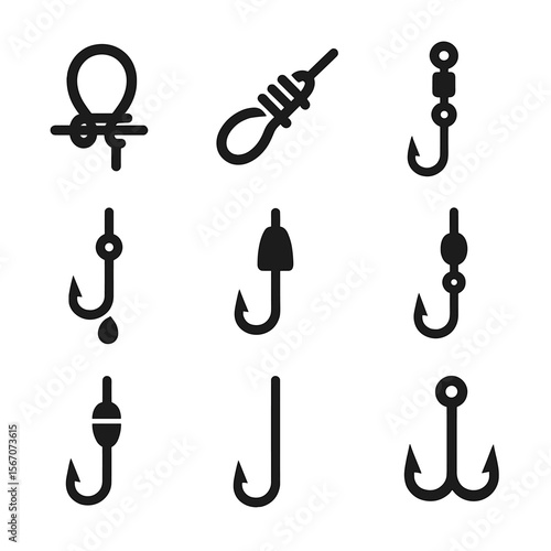Fishing Knot Icons. Solid, filled icon set of fishing knots and rigs: loop knot, clinch knot, swivel rig, drop shot, Texas rig,