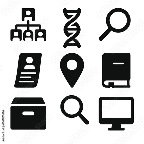 Digital Genealogy Icons. Solid, filled icon set of digital genealogy: family tree chart, DNA helix, magnifying glass, ancestry