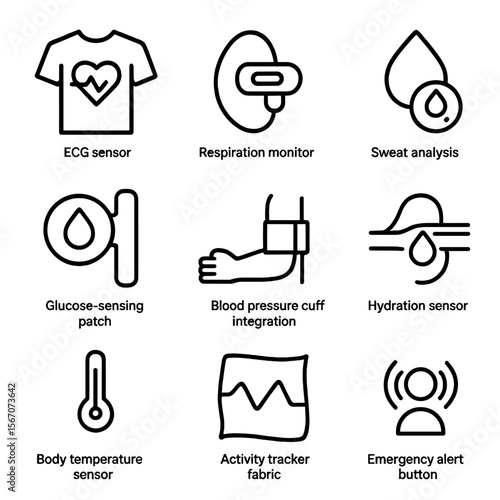 Smart Textile Health Icons. Outline icon set of health monitoring smart textiles: ECG sensor shirt, respiration monitor patch,