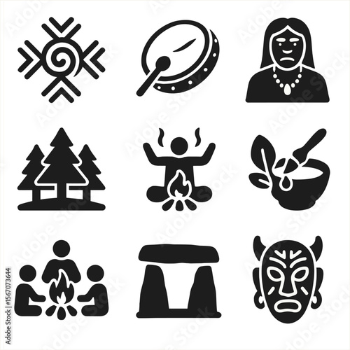 Indigenous Heritage Icons. Solid, filled icons set of indigenous heritage and wisdom: tribal symbol, earth