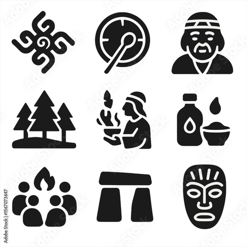 Indigenous Heritage Icons. Solid, filled icons set of indigenous heritage and wisdom: tribal symbol, earth