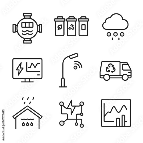 Smart Management Icons. Outline icon set of smart resource management: smart water meter, waste sorting bins, real-time air