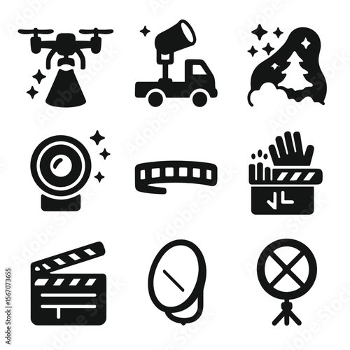 Cinematic Gear Icons. Solid, filled icons set of cinematic gear at night: drone light, truck-mounted light,