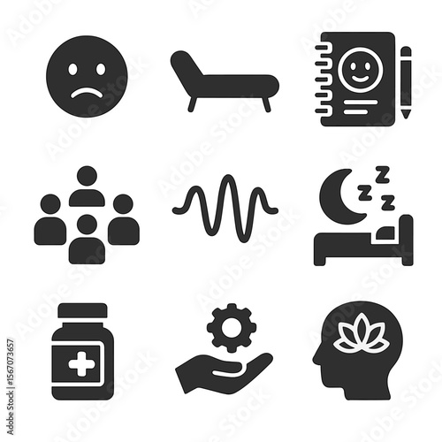 Chronic Illness Icons. Solid, filled icons set of mental health impact of chronic illness: sad face, therapy