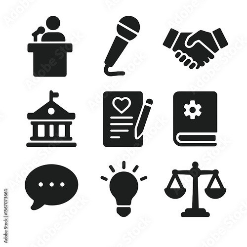 Civic Leadership Icons. Solid, filled icons set of civic leadership and advocacy: podium, microphone,