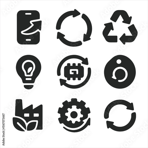 Circular Economy Icons. Solid, filled icons set of circular energy economy startups: upcycled device, energy