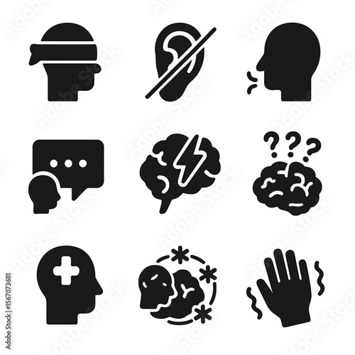 Senses and Brain Disorders Icons. Solid, filled icons set of disorders of senses and brain: blindfold, hearing