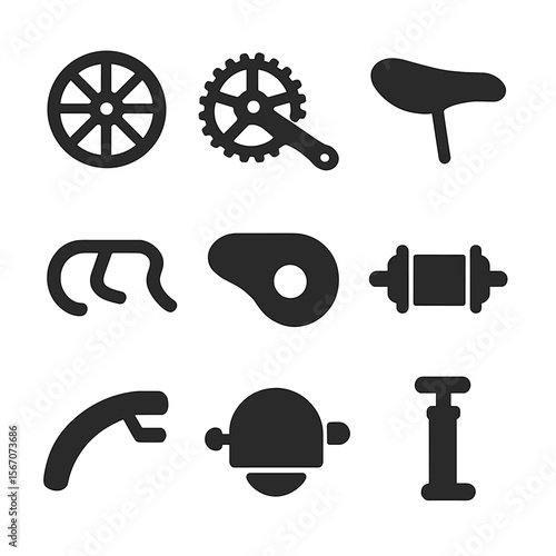 Bicycle Component Icons. Solid, Filled icon set of classic bicycle components: spoke, crankset, leather saddle, drop handlebar,