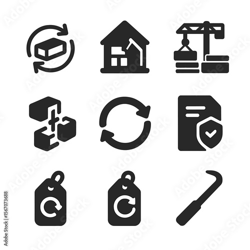 Circular Economy Icons. Solid, filled icons set of circular economy in construction: reused brick,