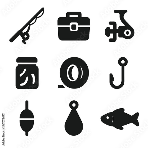 Fishing Gear Icons. Solid, filled icon set of fishing gear: fishing rod, tackle box, fishing reel, bait container, fishing line,