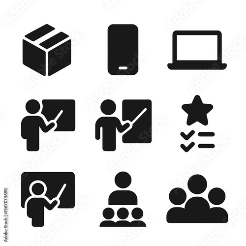Product Demo Icons. Solid, filled icon set of product demo: box, magnifying glass, smartphone, laptop, presenter, pointer,